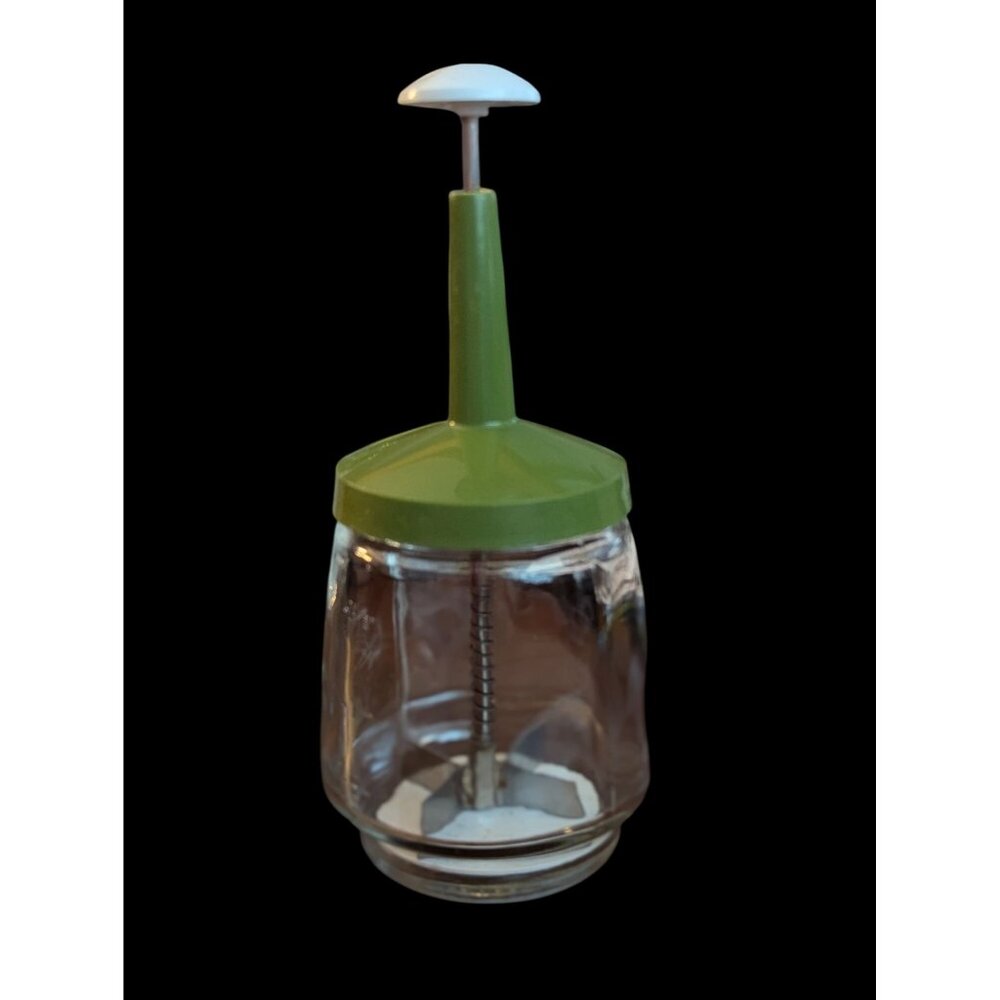 Vintage Glass & Metal Handheld Nut Chopper with Green Lid & White Plunger Handle